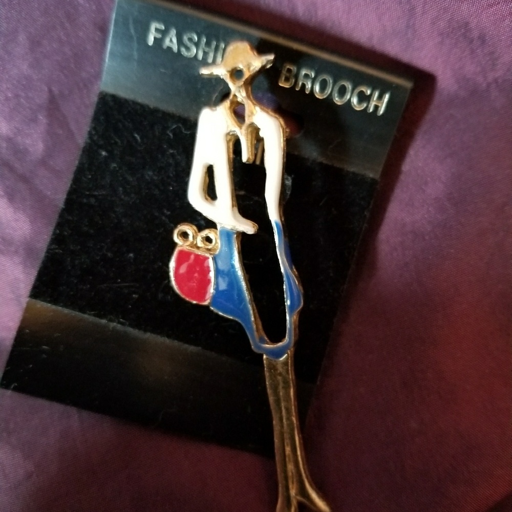 Fashion Lady w/ Red Purse Enamel Brooch Pin